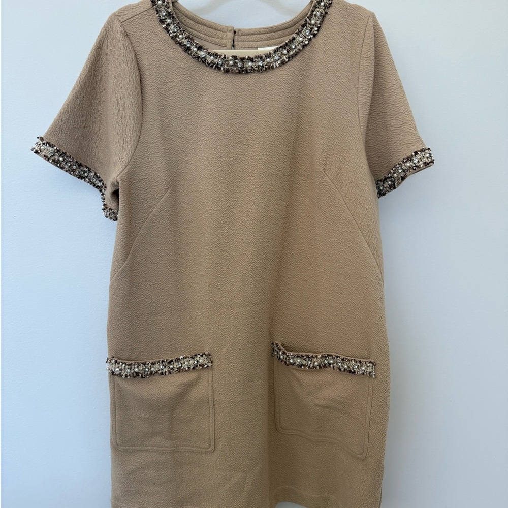 Maeve by Anthropologie NWT Elegant Tan Dress with Embellished Trim, size L